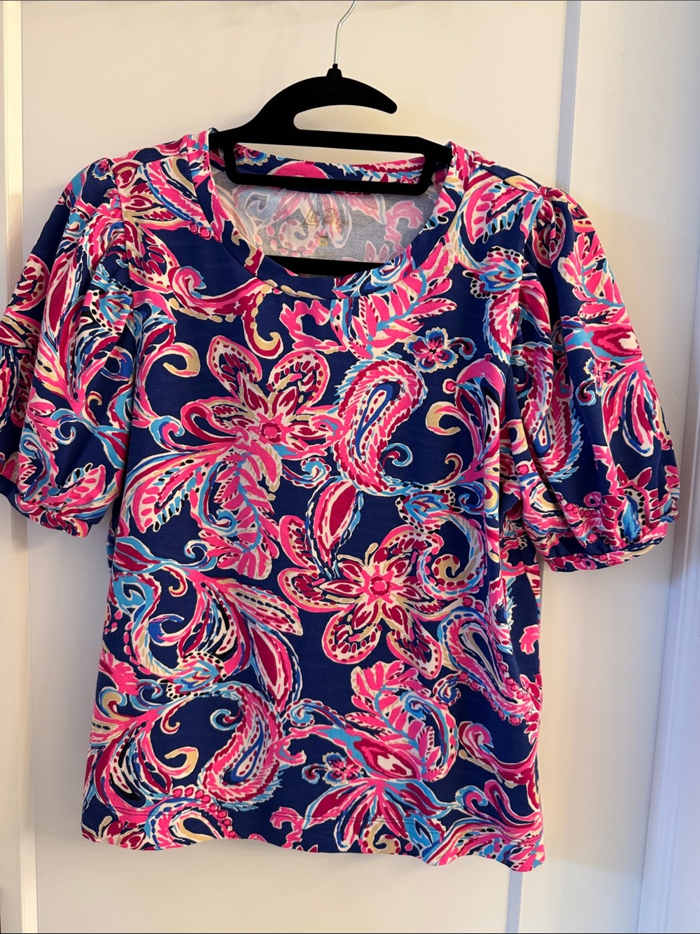 Lilly Pulitzer Navy Floral Puff-Sleeve Top with Pink and Blue Paisley